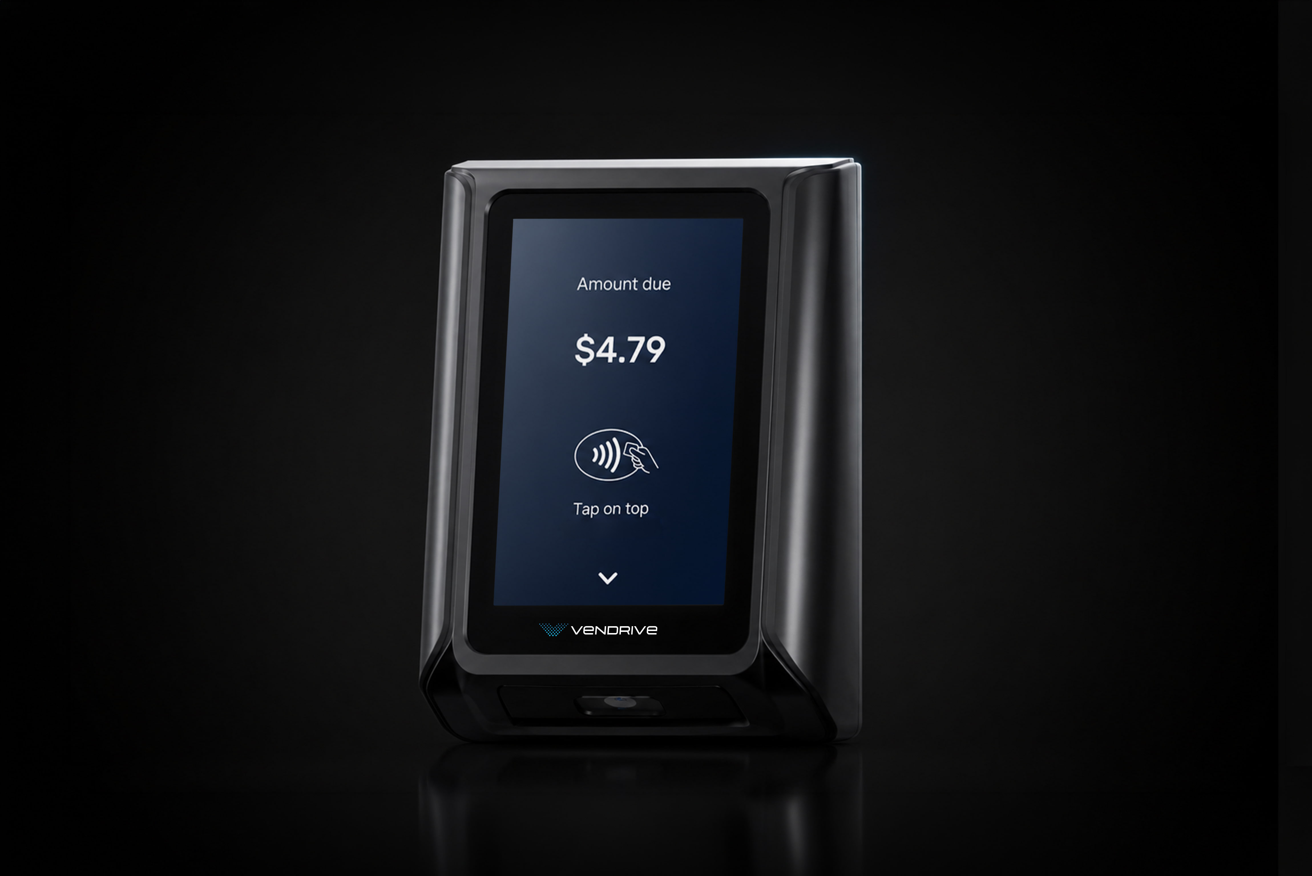 Vendrive Port P1 terminal, front view, contactless payment screen showing the amount due.